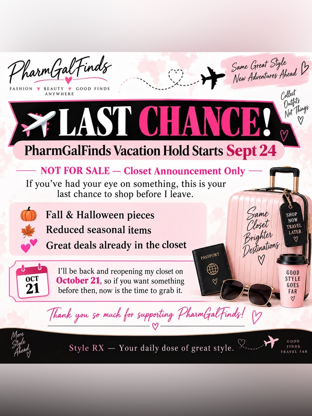 ✈️ VACATION NOTICE — LAST CHANCE TO SHOP! 💕